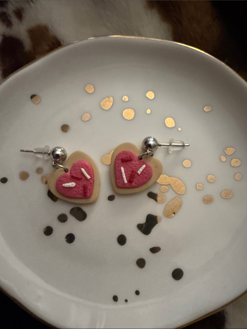 Hand Crafted Pink Heart Cookie Dangle Earrings